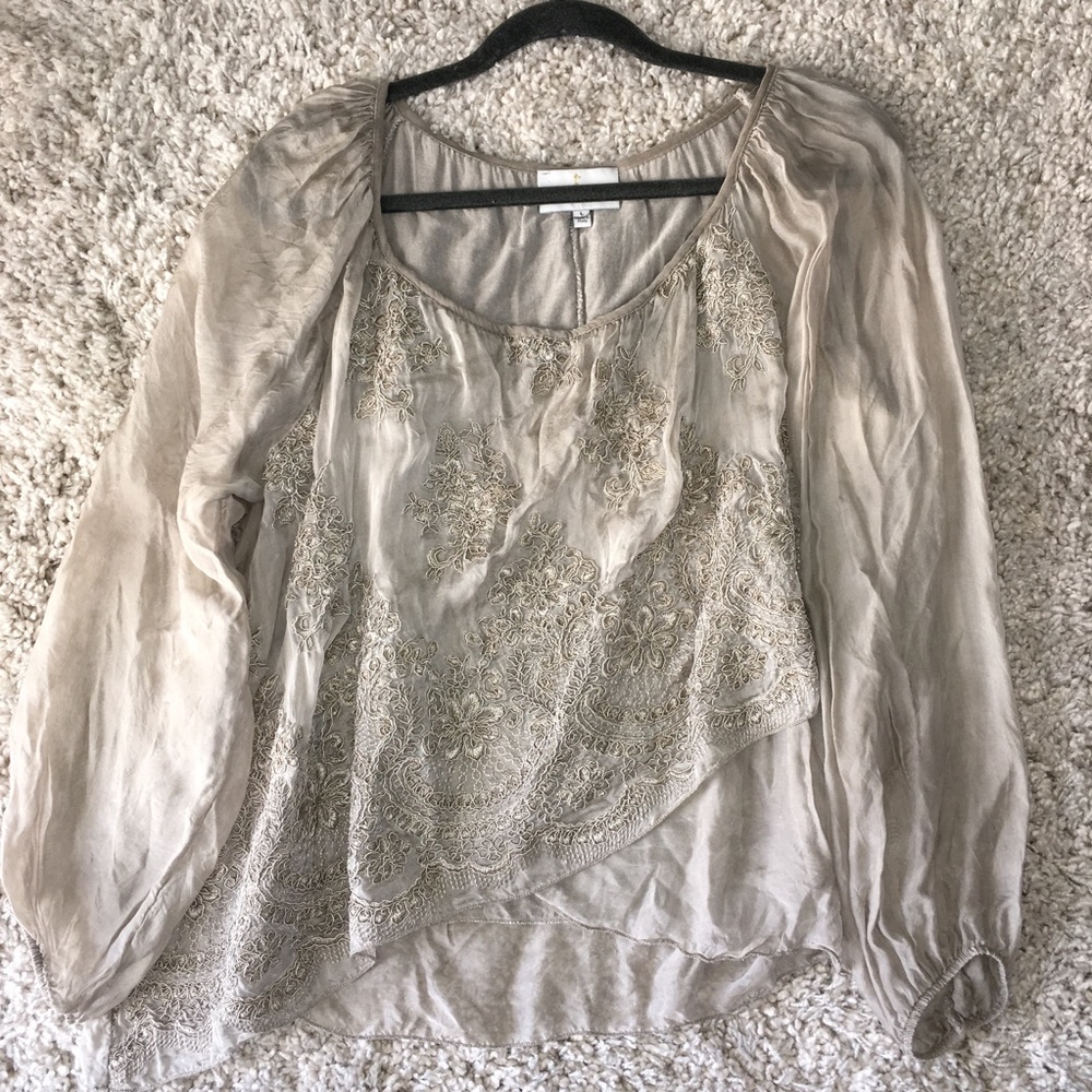 Belle France Taupe Silk Lace Blouse Taupe Large